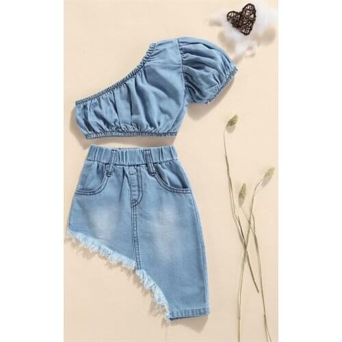 Girls Denim Clothes 2 Piece Set Solid Color Short Sleeve Off-shoulder Cropped Tops + Irregular Hem Skirt for 1-5 Years
