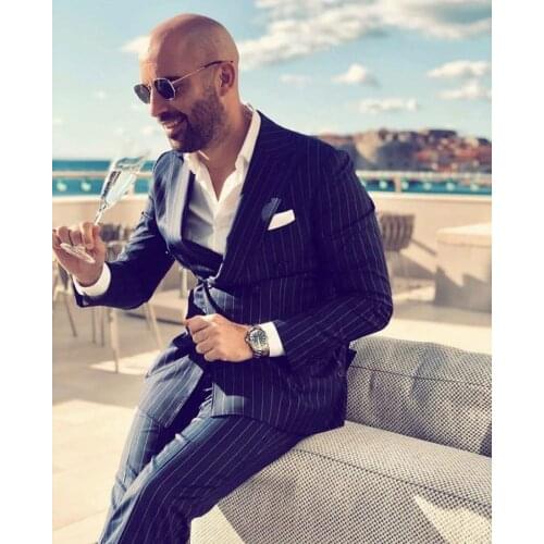 Double Breasted Stripe Groom Costume Homme Wedding Latest Designs Men Suits 2 Pieces trajes de hombre Man Attire Terno Masculino