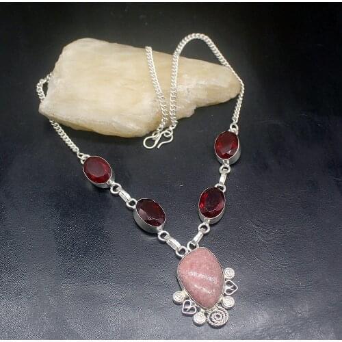 Gemstonefactory Jewelry Big Promotion Unique 925 Silver Rhodochrosite Blue Topaz Gifts Women Chain Necklace 44cm 202101471