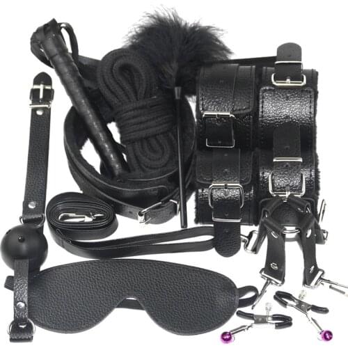 10 Pcs/set Sex Products Erotic Toys for Adults BDSM Sex Bondage Set Handcuffs Nipple Clamps Gag Whip Rope Sex Toys For Couples