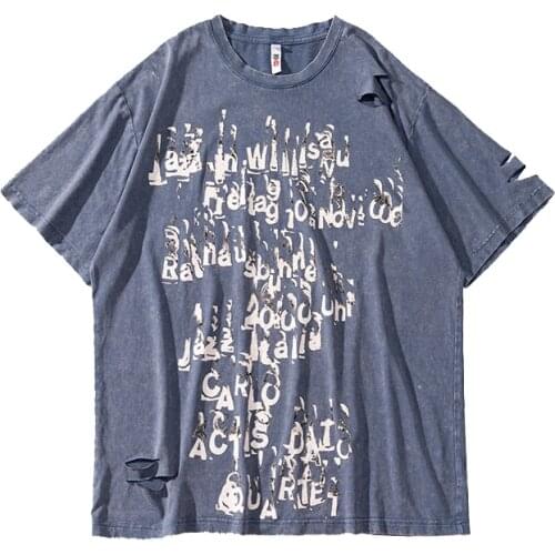 Summer New Loose Distressed Wash Hole T-shirt Ins Tide Funny Letters Printing Tshirts Tops Men and Women Short Sleeves Tees