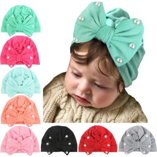 MAYA STEPAN 1 PCS Children Bowknot Pearl Kids Bow Cap Baby Hat Newborn Girls Clothes Accessories Infant Beanie Turban Solid