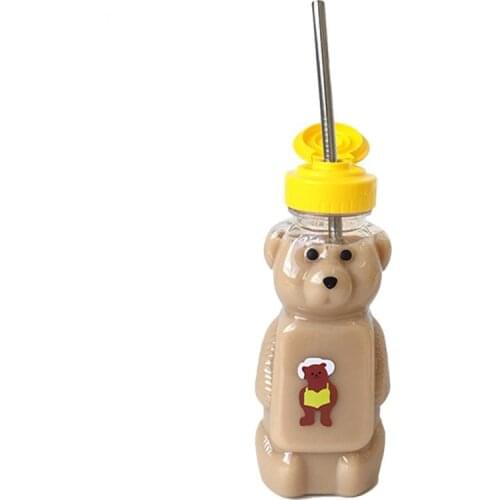 Lovely Cartoon Bear Straw Cup Water Bottle with Lid Leakproof Home Travel Couple