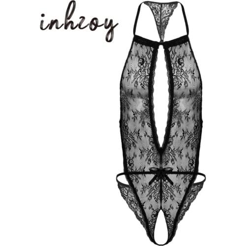 Men See-through Sheer Floral Lace Crotchless Erotic Bodysuit Nightwear Sissy Lingerie for Male Crossdressing Gay Sexy Underwear