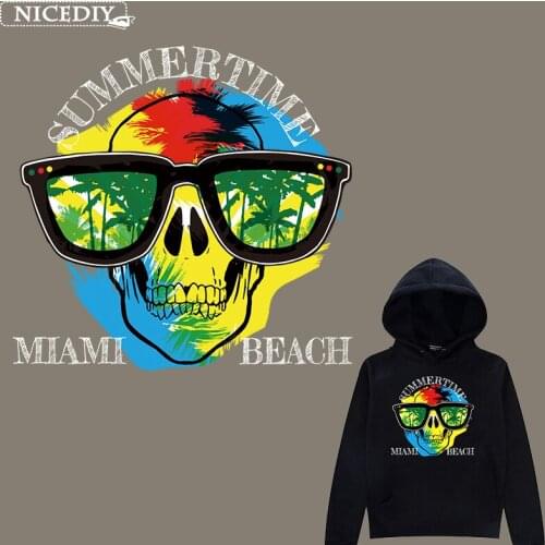 Nicediy Cool Iron On Transfers On Clothing Summer Colorful Patches Skull Heat Transfer Vinyl Sticker Applique On T-shirt Badge