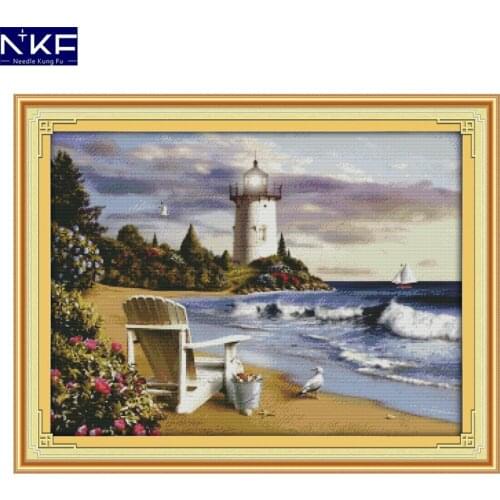 NKF The Lighthouse Chinese Cross Stitch Pattern DIY Needlework Embroidery Painting Scenery Cross Stitch Kits for Home Decor