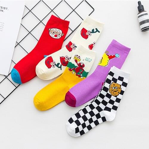 New Cartoon Cute Women Socks Cotton Sesame Street Ladies Funny Mid-tube Socks Female Korean Style for Autumn and Winter 225