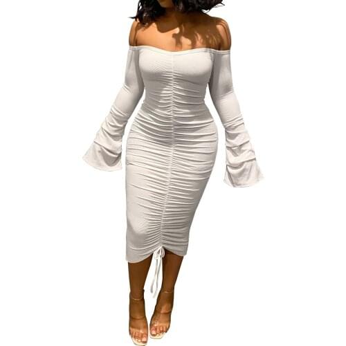 Echoine Long Sleeve Off Shoulder Sexy Bodycon Midi Dress Flare Sleeve Pleated Stacked Drawsting White Spring Dresses Vestidos