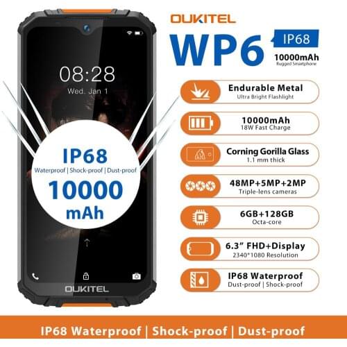 Rugged Waterproof Smartphone OUKITEL WP6 Ip68 Octa Core 6GB 128GB Mobile Phone 9V/2A 10000mAh Battery 48MP Triple Camera