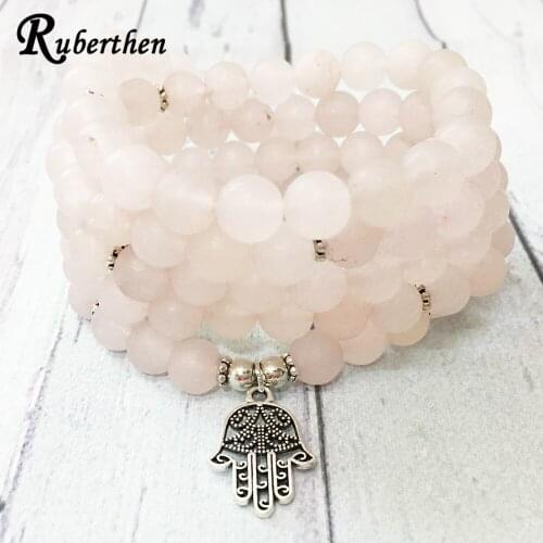 Ruberthen New Design Matte Rose Quart z 108 Mala Bracelet Hamsa Charm Necklace Healing Yoga Balance Bracelet for Women