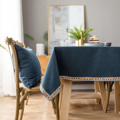 Embroidery hem pattern Table Cloth Cotton Linen Wrinkle Free Anti-Fading Tablecloths Washable Table Cover for Kitchen Dinning