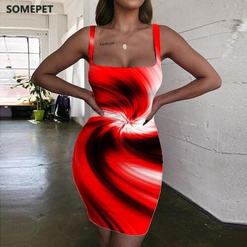 SOMEPET Dizziness Dresses Women Abstract 3d Print Red Bodycon Dress Graphics Halter Sleeveless Womens Clothing Party Short Beach