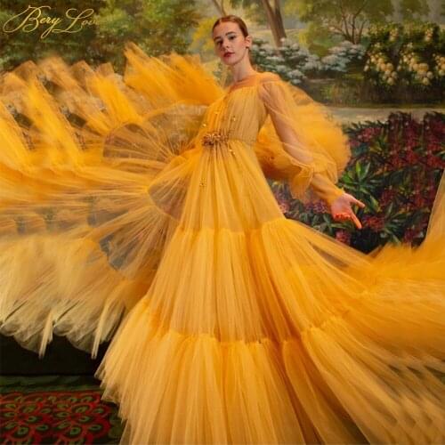 Bright Yellow Evening Dress 2020 Tiered Skirt Bead Waist Girl Prom Gown Tulle Long Sleeves Off Shouler Formal Party Dress A line
