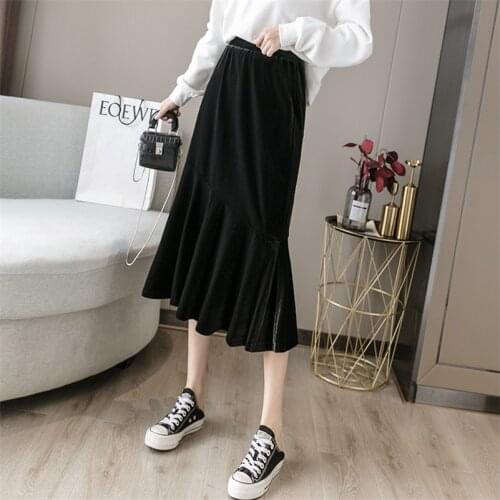 Women solid velvet trumpet skirt sweet girl elegant warm velour skirts high waist midi skirt plus size bottoms l-4xl 5xl 6xl 7xl