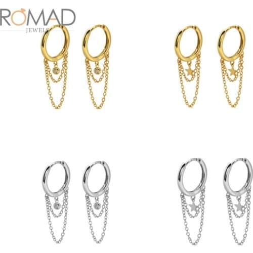 ROMAD 925 Sterling Silver Chain Earrings Women Five-pointed Star Pendant Earrings 18k Gold Plating Jewelry Aretes De Mujer