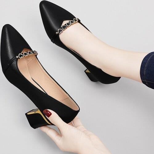 Women High Quality Square Heels Leather Pumps Ladies Fashion Pointed Toe Shallow Office Lady Shoes