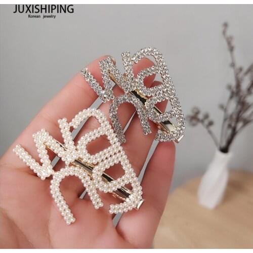 Women Pearl Letter Hairpins Queen Rhinestone hairpins Side Clip Shining Tassel Bangs Clip