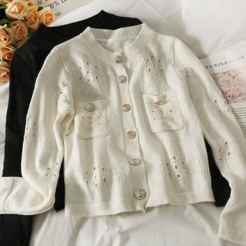 Sweater womens 2021 autumn cut-out Crochet pocket design top Korean single breasted round neck breasted sweater