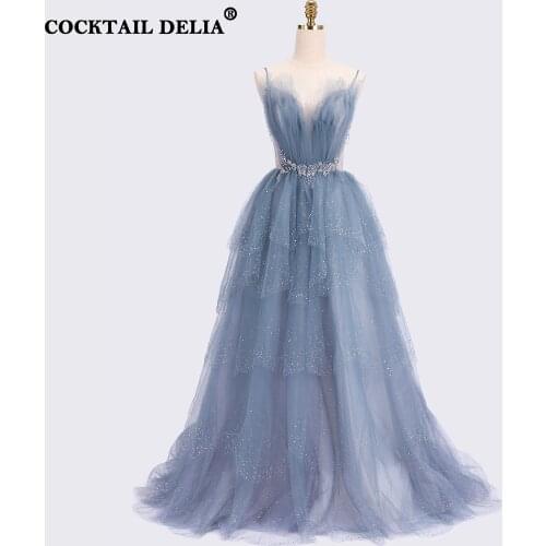 Beading Prom Dresses Long 2021 V-Neck Light Blue High Split Tulle Sweep Train Sleeveless Evening Ball Gown Backless Vestido