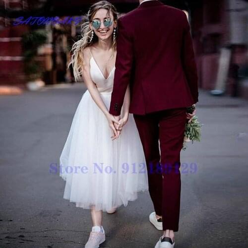 Aliexpress France Simple Short Wedding Dress Spaghetti Straps Tea-Length A-Line Vintage Summer Bridal Gown Vestidos De Novia