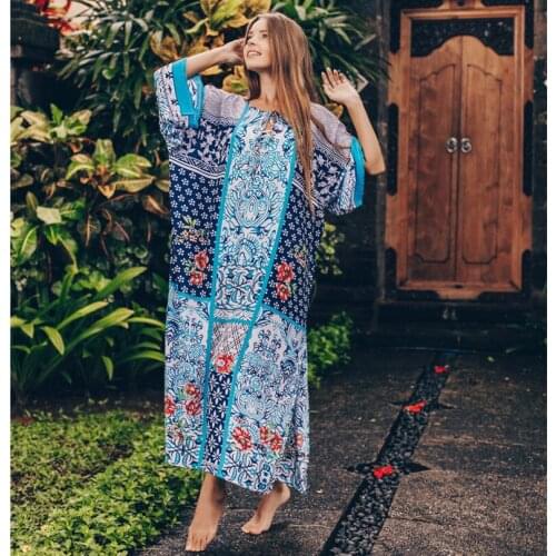 2020 Bohemian Printed V-neck Loose Summer Beach Dress Long Cotton Tunic Women Beach Wear Swim Suit Cover Up Robe de plage