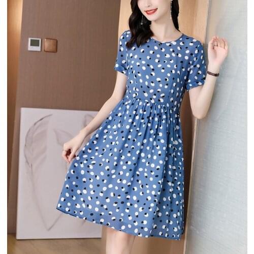 2021 Casual Blue Dot Print Midi Dresses Summer Vintage 4XL Plus Size Chiffon Beach Sundress Women Elegant Bodycon Party Vestidos