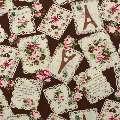 1 yard Ripstop Cotton Linen Fabric for sewing pathwork, bedding, hadmaking, Rose and tower on brown background (width=135cm)