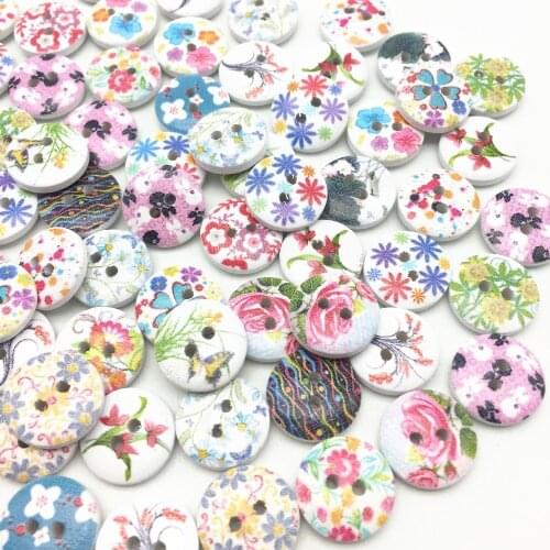100pcs 15mm Mixed Floral Printed Round Wood Buttons Scrapbooking Wedding Flowers 2 Holes DIY Button Crafts Sewing