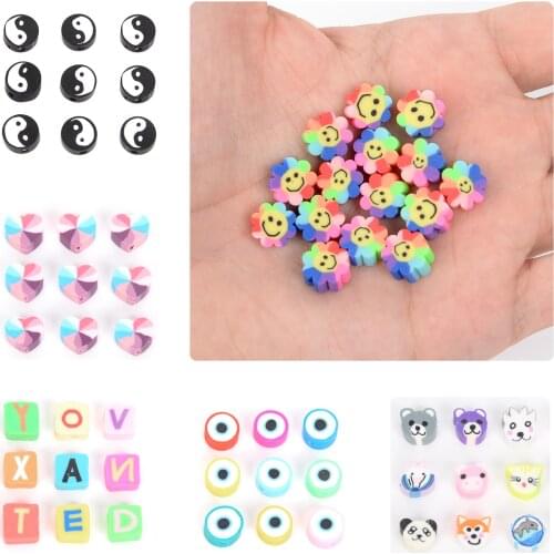 30pcs 10mm Fruit/Smiley/Animal Printing Beads Polymer Clay Beads Mixed Color Polymer Clay Spacer Beads For Jewelry Making DIY