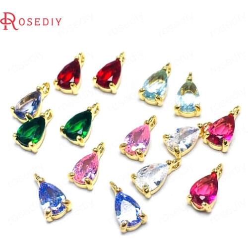 38386)10PCS 4x6MM 24K Champagne Gold Color Brass and Glass Drop Shape Charms Pendants Diy Jewelry Findings Accessories