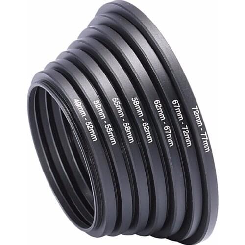 New 7pcs Metal Step Up Rings Aluminum Universal Lens Adapter Filter Set 49-52-55-58-62-67-72-77 mm 49mm-77mm