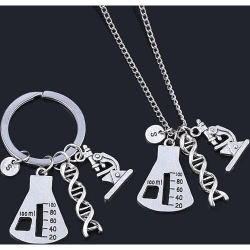 Chemical Biological Experimental Tool Keychain Conical Flask Chemical Molecular DNA Microscope Pendant Key Chain for Men Keyring