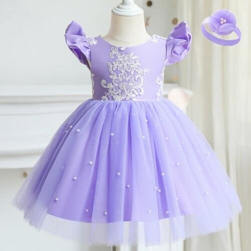 Lace Flower Ruffles Princess Dress For Girls Elegant Tulle Wedding Evening Party Tutu Prom Gown Kids Children Brithday Clothes