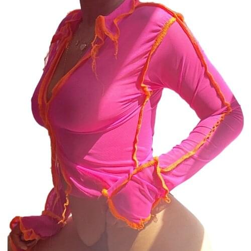 Summer Ladies Breathable Nine-Point Ladies Sexy Double-Sided Long-Sleeved Mesh Transparent Bottoming Shirt Dating