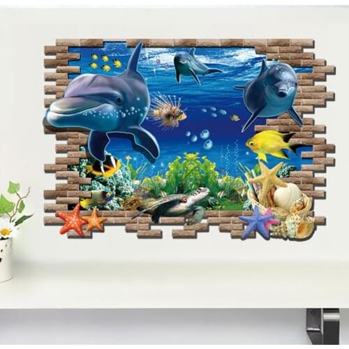 Cartoon Broken Wall Underwater World Wall Stickers Children Mural Decals for Kids Rooms Baby Bedroom Wardrobe Door Decor