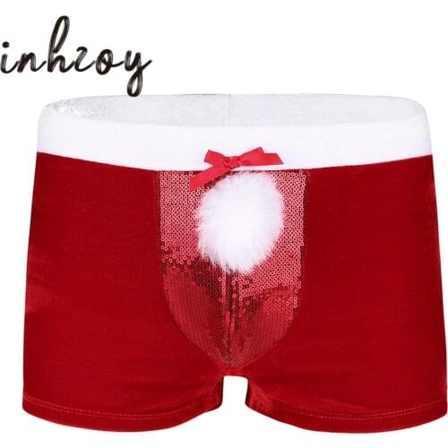 Men Boxer Shorts Shiny Sequins Velvet Red Underpants for Male Sexy Panties Christmas Underwear Xmas Party Festival Rave Costume