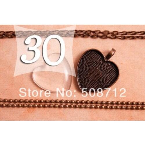 30sets DIY 1 Inch Pendant Kits Antique Copper Heart 25 mm Pendant Tray with matching Chain and Glass