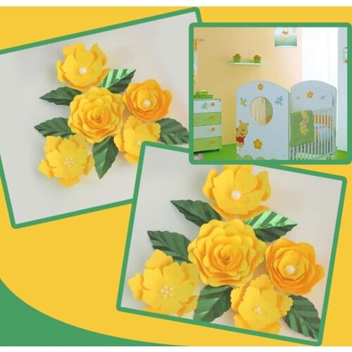 Handmade Yellow Easy Made DIY Paper Flowers Green Leaves Set 4 Nursery Wall Deco Baby Shower Girls Room Backdrop Video Tutorials