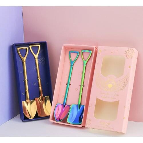 2pcs/set 304 Stainless Steel Coffee Spoon Retro Shovel Ice Cream Spoon Creative Teaspoon Fashion Tableware Set Safe Cutlery