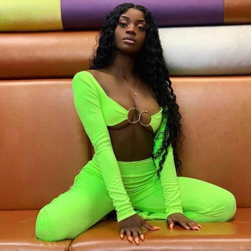 BKLD 2019 Autumn Women Ladies Fashion Neon Green Short Top Tees Hollow Out Bodycon Tight Sexy Long Sleeve Crop Tops Ring T-shirt
