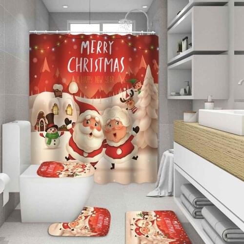 Santa Couple Elk Snowman 3D Print Toilet Bathroom Mat and Shower Curtain Christmas Bath Curtains Set Holiday Party Home Decor