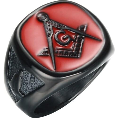 SECRET BOYS Fashion Mens Punk Jewelry 316L Stainless Steel Red Standard Masonic Ring Jewelry