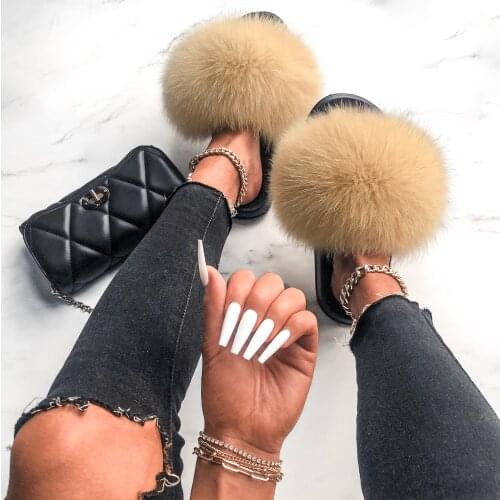 Ethel Anderson Womens Real Furry Fox Fur Designer Slides Raccoon Flip Flops Female Fluffy Slippers Outdoor Footwear Shoes