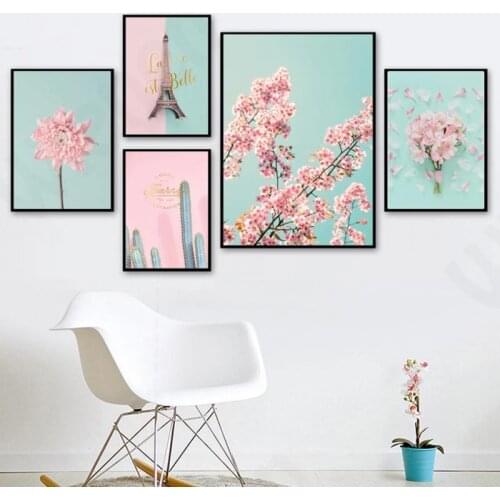 Nordic Girl Decorative Painting Canvas Prints Pink Flowers Eiffel Tower Cactus Pink Blue Poster Mural Picture Romantic Home Deco