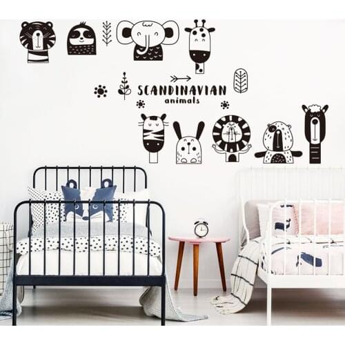 Nordic Zoo Animal Giraffe Tiger Elephant Wall Sticker Scandinavian Jungle Wildlife Travel Beer Rabbit Leaf Wall Decal Kids Room