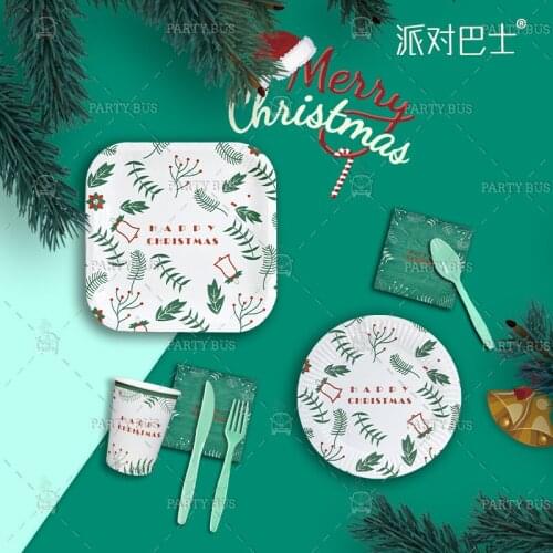 Holiday theme party disposable tableware paper plate cup towel tablecloth fork spoon set green orange Christmas tableware
