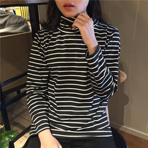 Tee Shirts Woman 2021 Spring New Korean Harajuku Striped Turtleneck T-shirt For Women Long Sleeve T-shirts Casual Tops Unisex