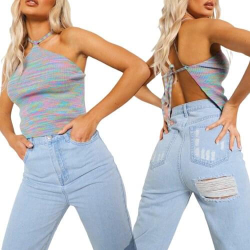 Women Close-fitting Camisole Sexy Variegated Color Off-the-shoulder Sleeveless Backless Tee Girls Halter Knit Vest Tops