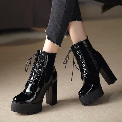 Womens Ankle Boots Platform Lace Up Patent Leather Block High Heel Shoes Punk Riding Black Plus Size New 2021