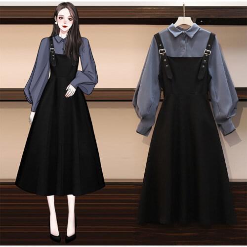 Women Sets Turn-down Collar Lantern Sleeve Blouse and Suspender Dress Plus Size Loose Single Breasted Autumn Two Pieces Set